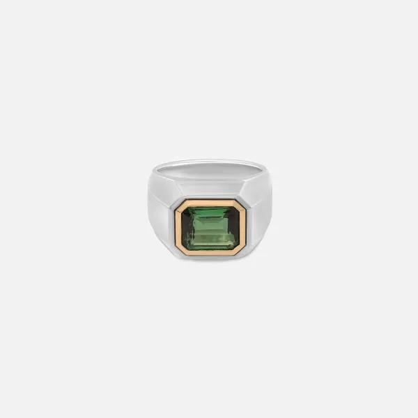 Solitaire Rectangle Ring In Silver And Yellow Gold With Green Tourmaline | Maor Flash Sale