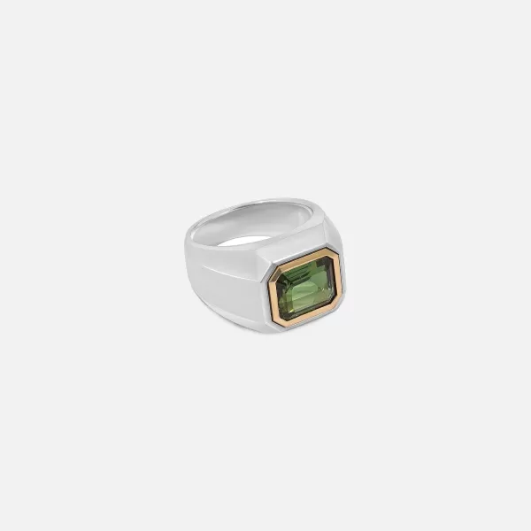 Solitaire Rectangle Ring In Silver And Yellow Gold With Green Tourmaline | Maor Flash Sale