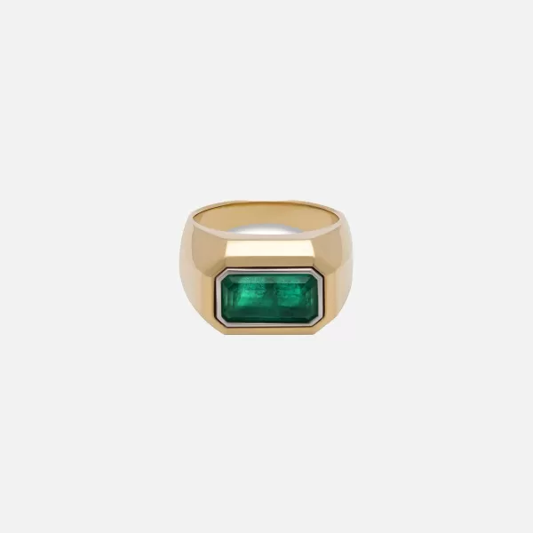 Solitaire Small Rectangle Ring In Yellow Gold And Platinum With Emerald | Maor New