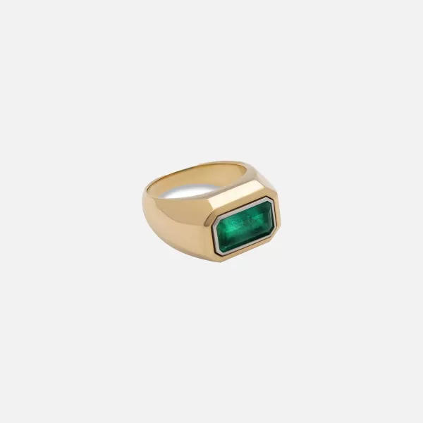 Solitaire Small Rectangle Ring In Yellow Gold And Platinum With Emerald | Maor New